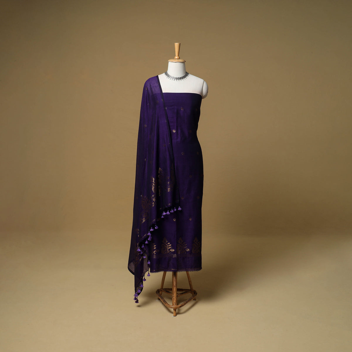 Jacquard Zari Buti Handloom Mercerised Cotton Unstitched Dress Material: Kurta with Dupatta 01