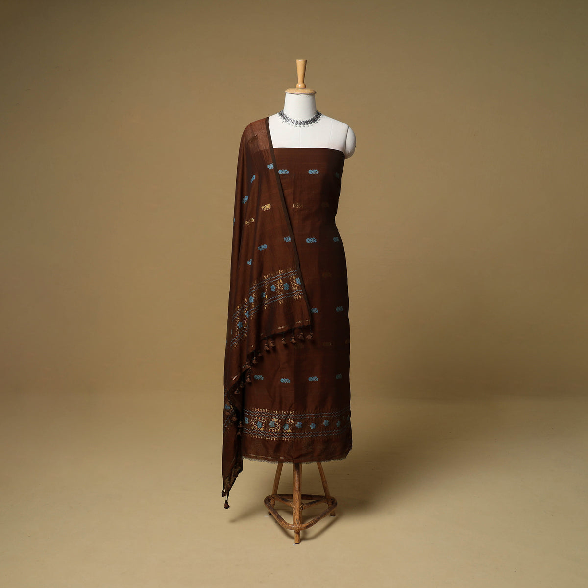 Jacquard Zari Buti Handloom Mercerised Cotton Unstitched Dress Material: Kurta with Dupatta 09