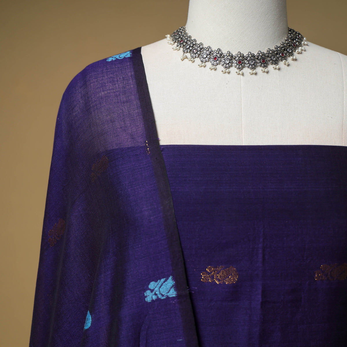Jacquard Zari Buti Handloom Mercerised Cotton Unstitched Dress Material: Kurta with Dupatta 10