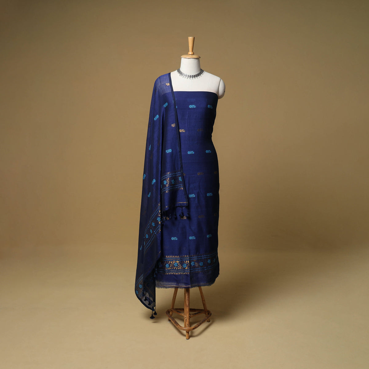 Jacquard Zari Buti Handloom Mercerised Cotton Unstitched Dress Material: Kurta with Dupatta 11
