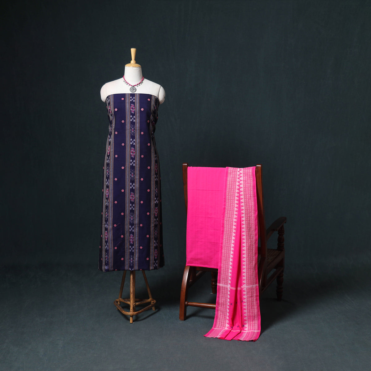 Sambalpuri Ikat Cotton Unstitched Dress Material: Kurta, Bottom with Dupatta 18