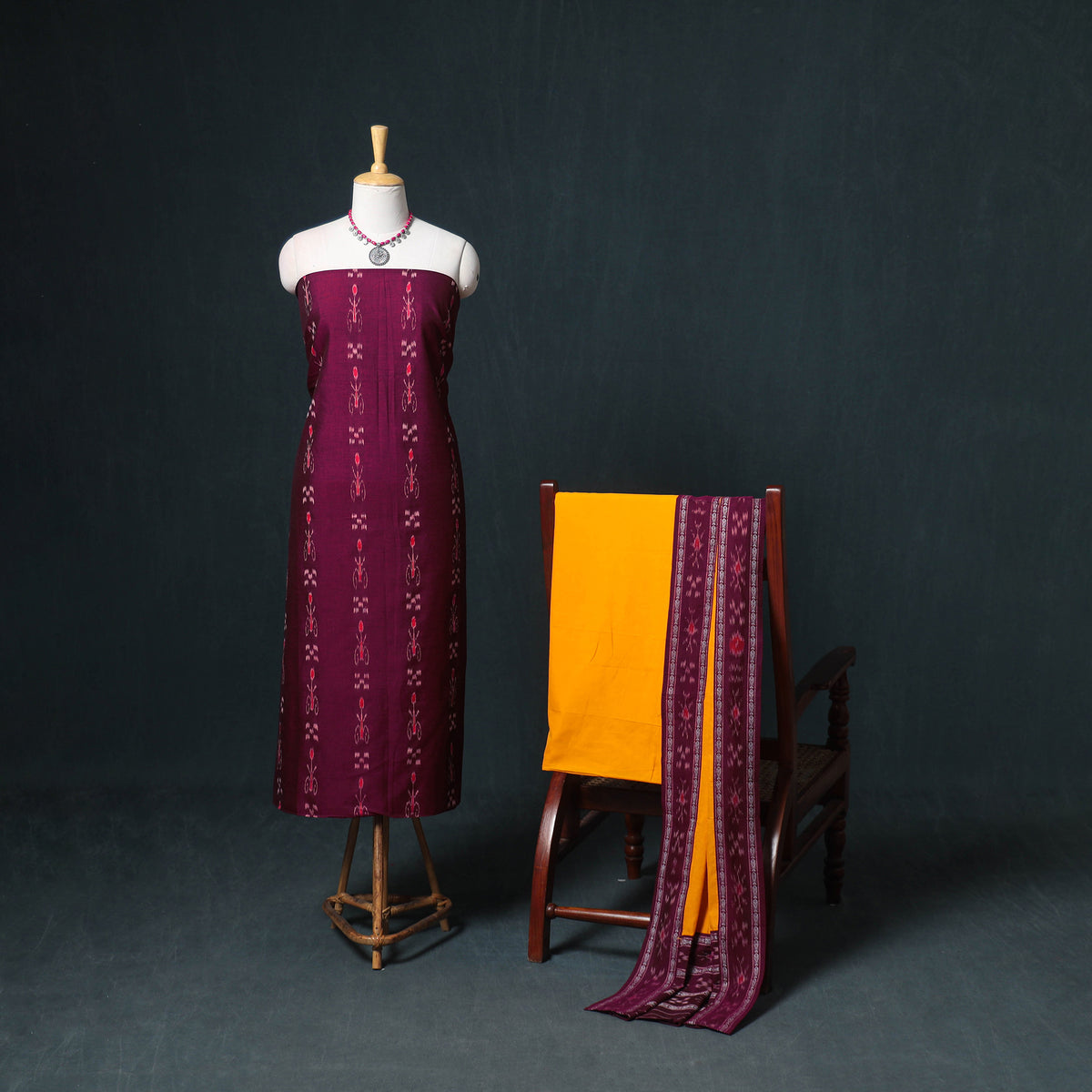 Sambalpuri Ikat Cotton Unstitched Dress Material: Kurta, Bottom with Dupatta 21