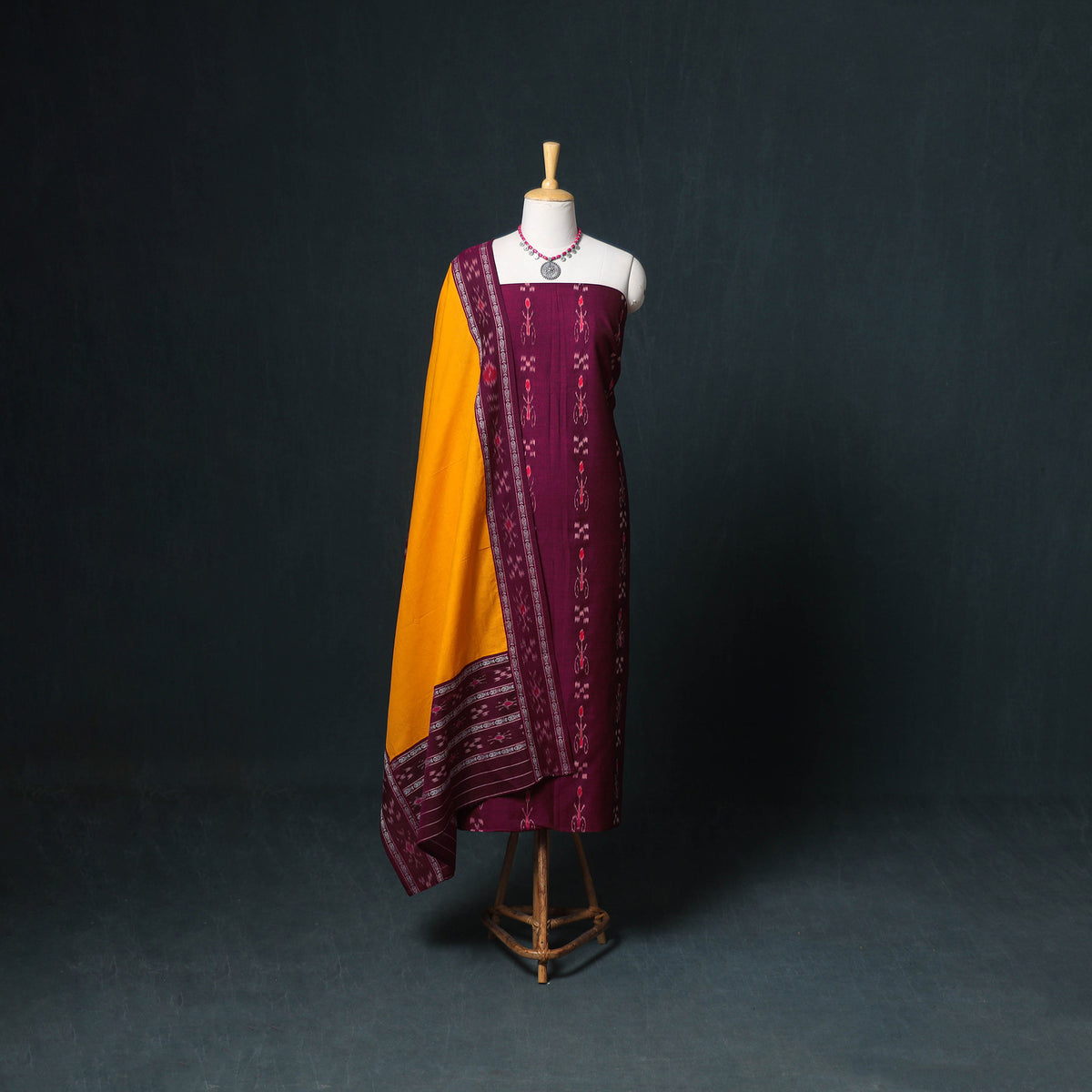 Sambalpuri Ikat Cotton Unstitched Dress Material: Kurta, Bottom with Dupatta 21