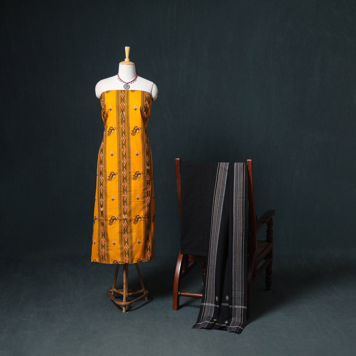 Sambalpuri Ikat Cotton Unstitched Dress Material: Kurta, Bottom with Dupatta 23