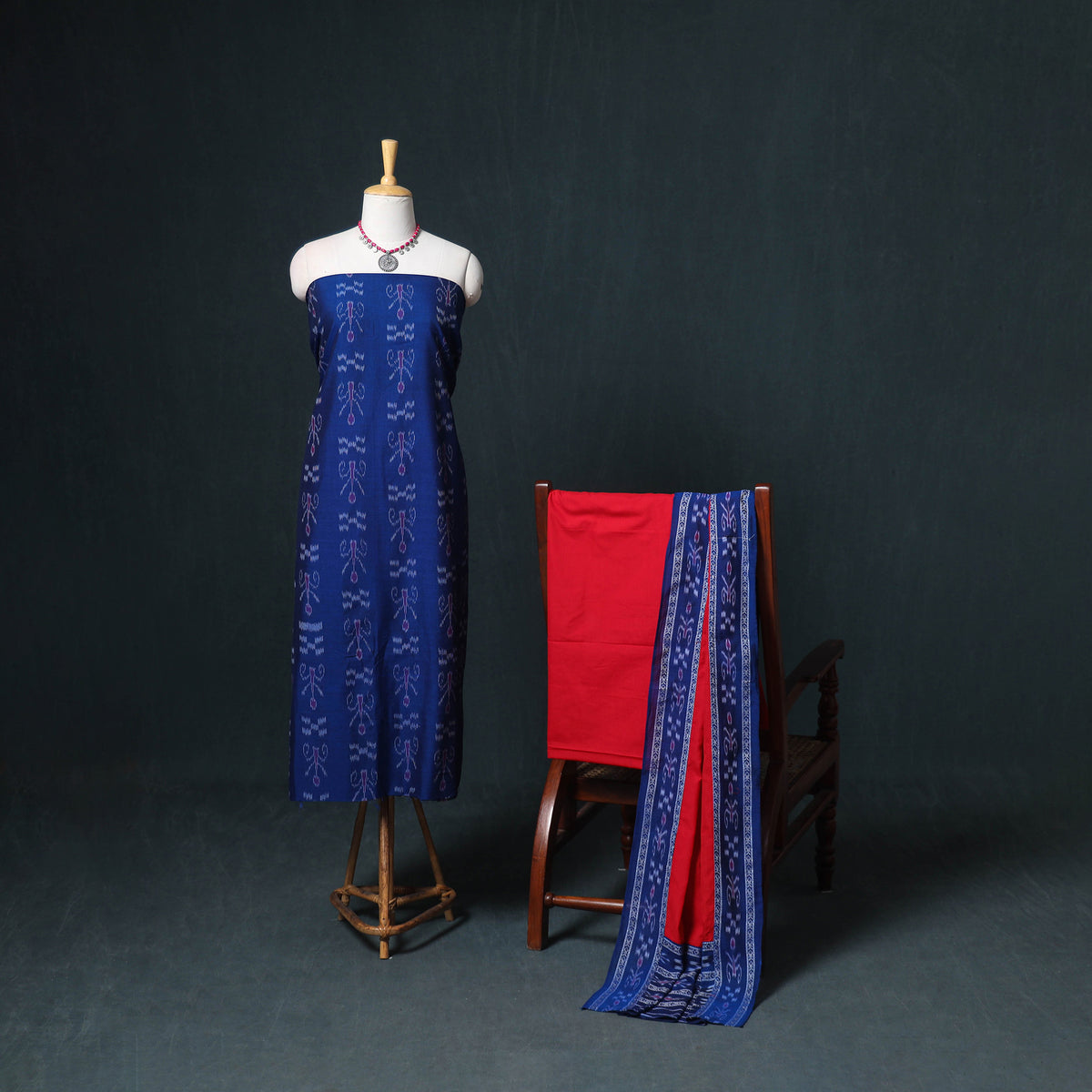 Sambalpuri Ikat Cotton Unstitched Dress Material: Kurta, Bottom with Dupatta 25
