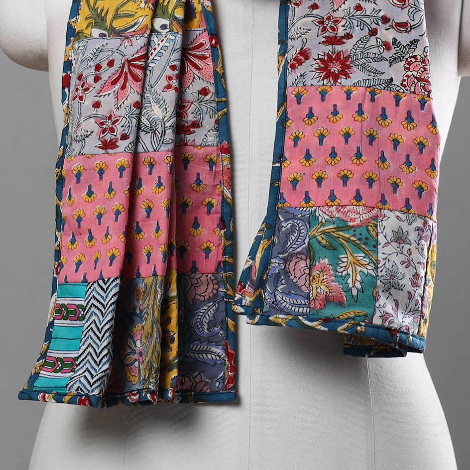 Multicolor - Patchwork Block Printed Cotton Sanganeri Stole 07