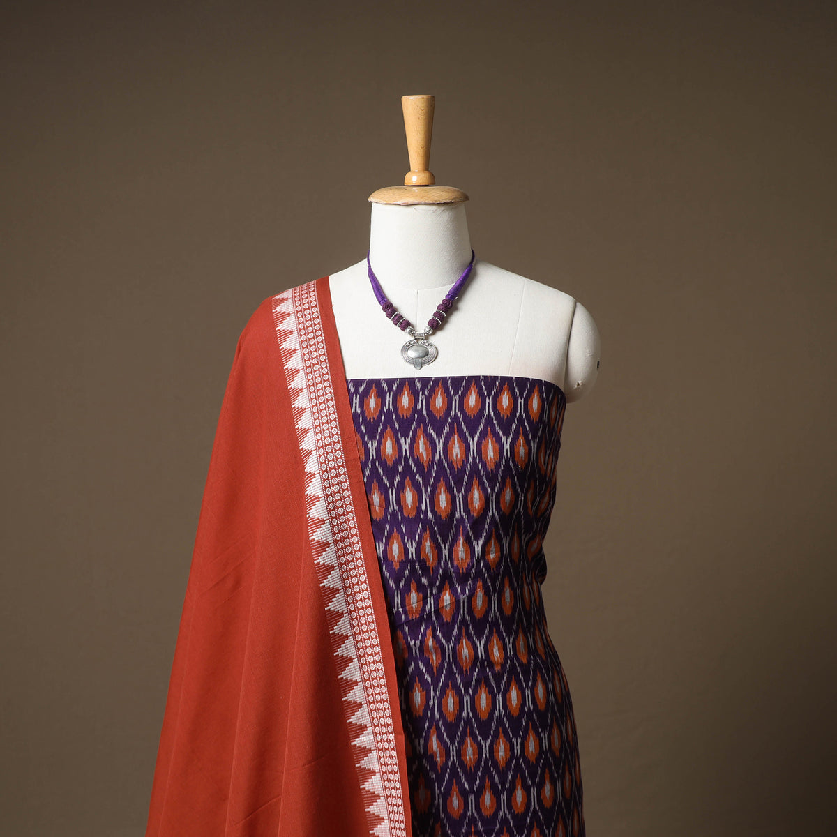 Pochampally Ikat Cotton Unstitched Dress Material: Kurta & Dupatta with Jewellery 01