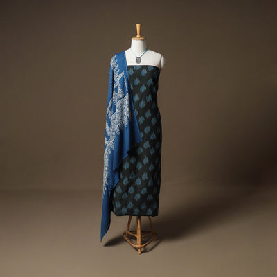 Pochampally Ikat Cotton Unstitched Dress Material: Kurta & Dupatta with Jewellery 03