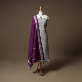 Pochampally Ikat Cotton Unstitched Dress Material: Kurta & Dupatta with Jewellery 04