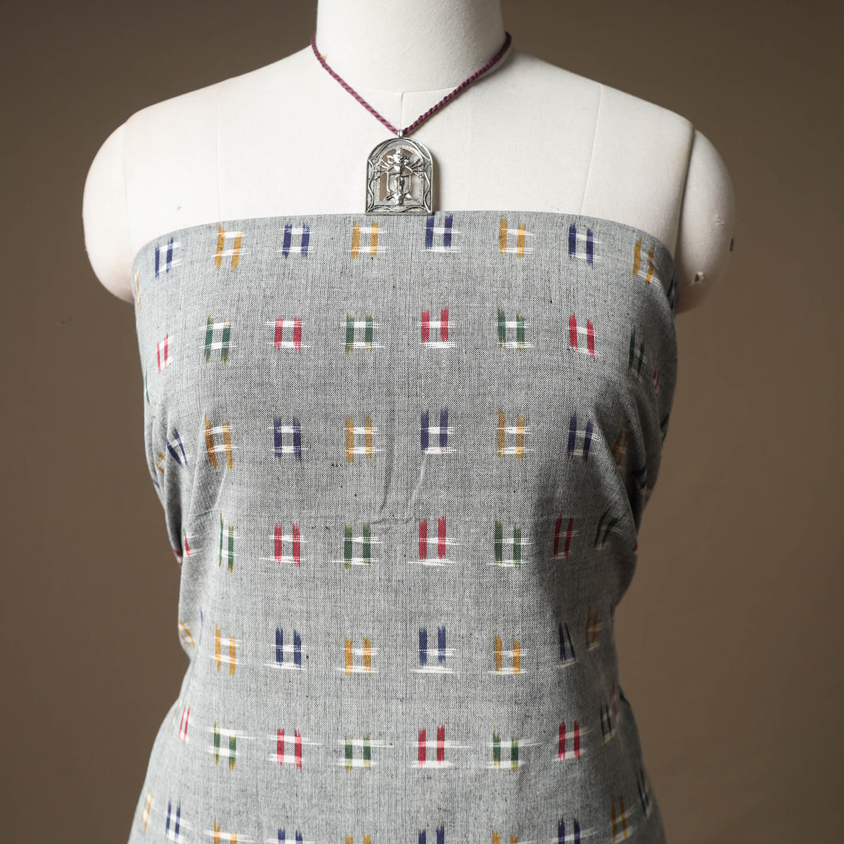 Pochampally Ikat Cotton Unstitched Dress Material: Kurta & Dupatta with Jewellery 04