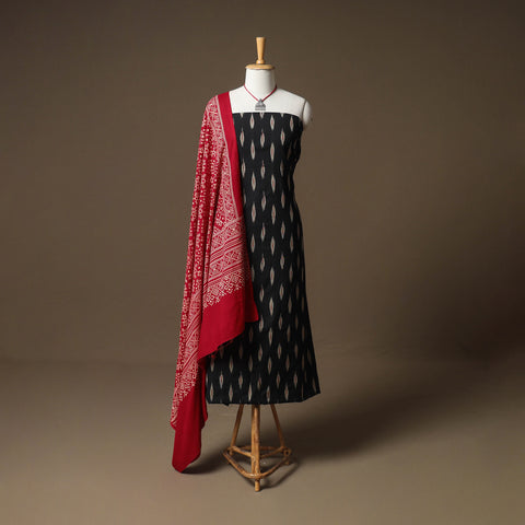 Pochampally Ikat Cotton Unstitched Dress Material: Kurta & Dupatta with Jewellery 05