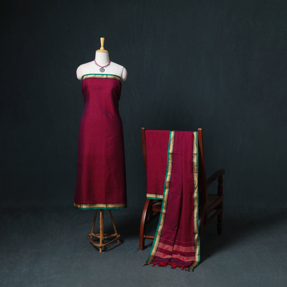 Dharwad Mercerised Cotton Plain Thread Border Unstitched Dress Material: Kurta, Bottom & Dupatta 04