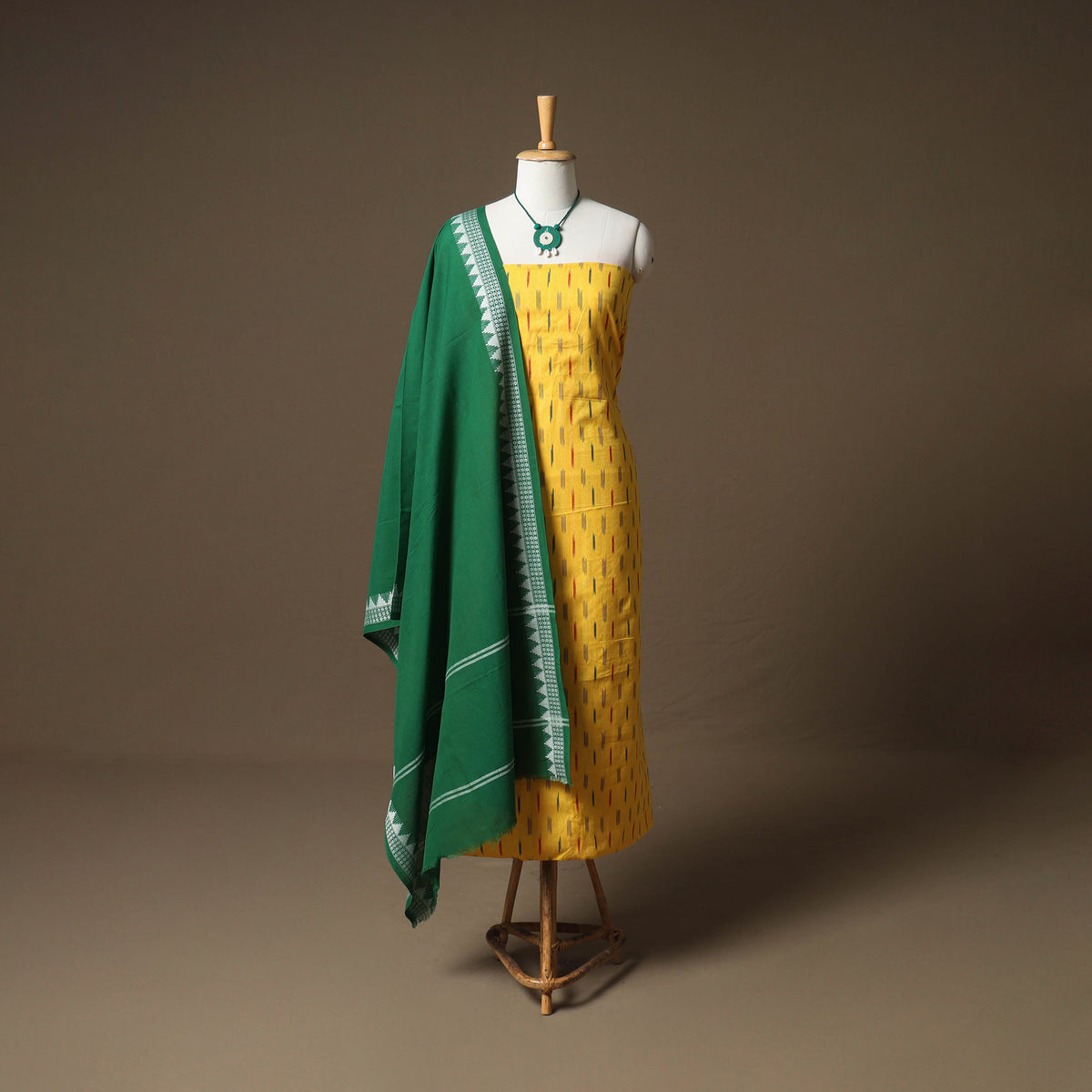 Pochampally Ikat Cotton Unstitched Dress Material: Kurta & Dupatta with Jewellery 06