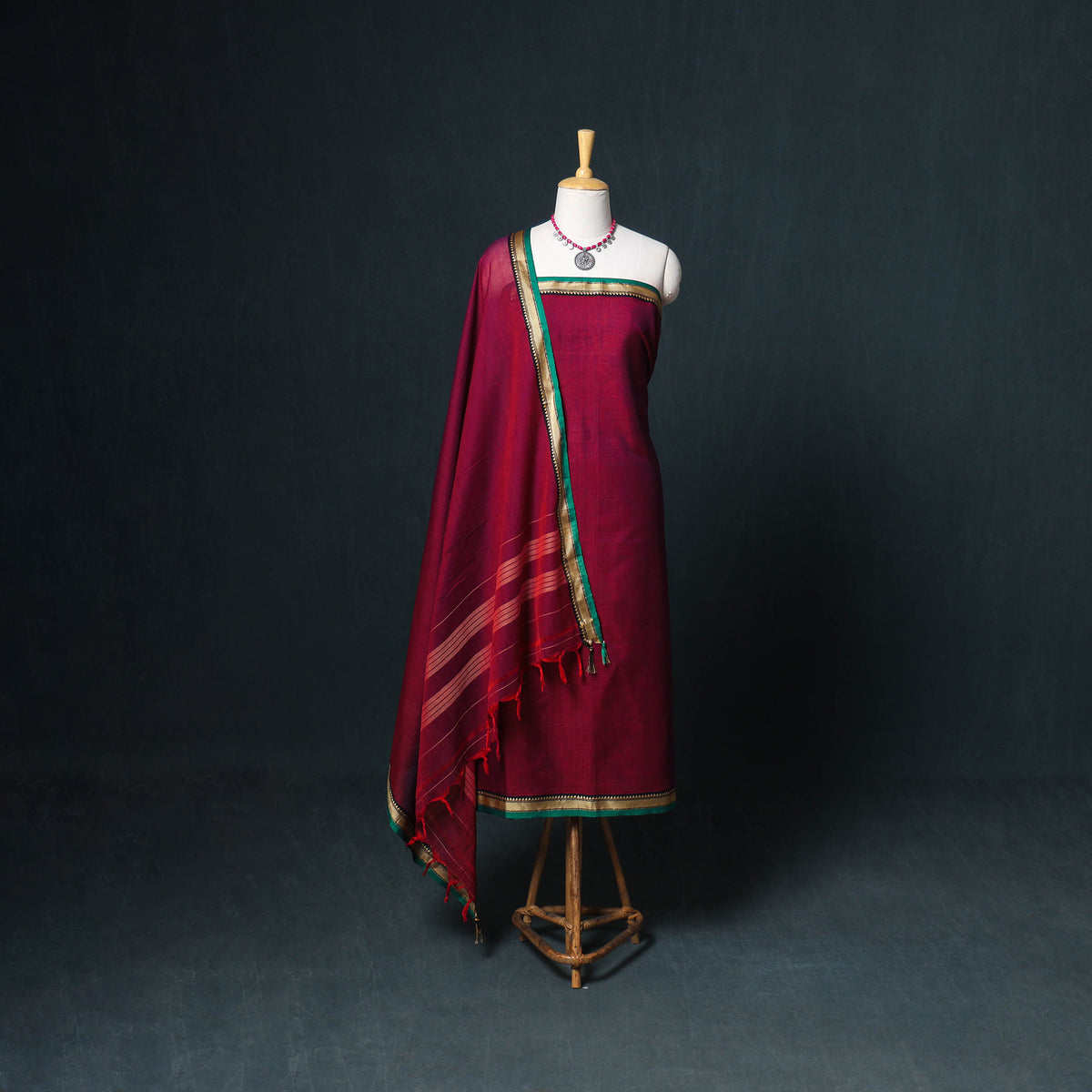 Dharwad Mercerised Cotton Plain Thread Border Unstitched Dress Material: Kurta, Bottom & Dupatta 04