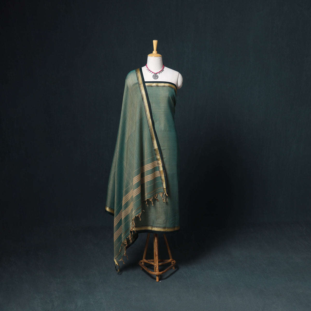 Dharwad Mercerised Cotton Plain Thread Border Unstitched Dress Material: Kurta, Bottom & Dupatta 05