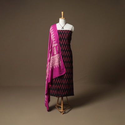 Pochampally Ikat Cotton Unstitched Dress Material: Kurta & Dupatta with Jewellery 07
