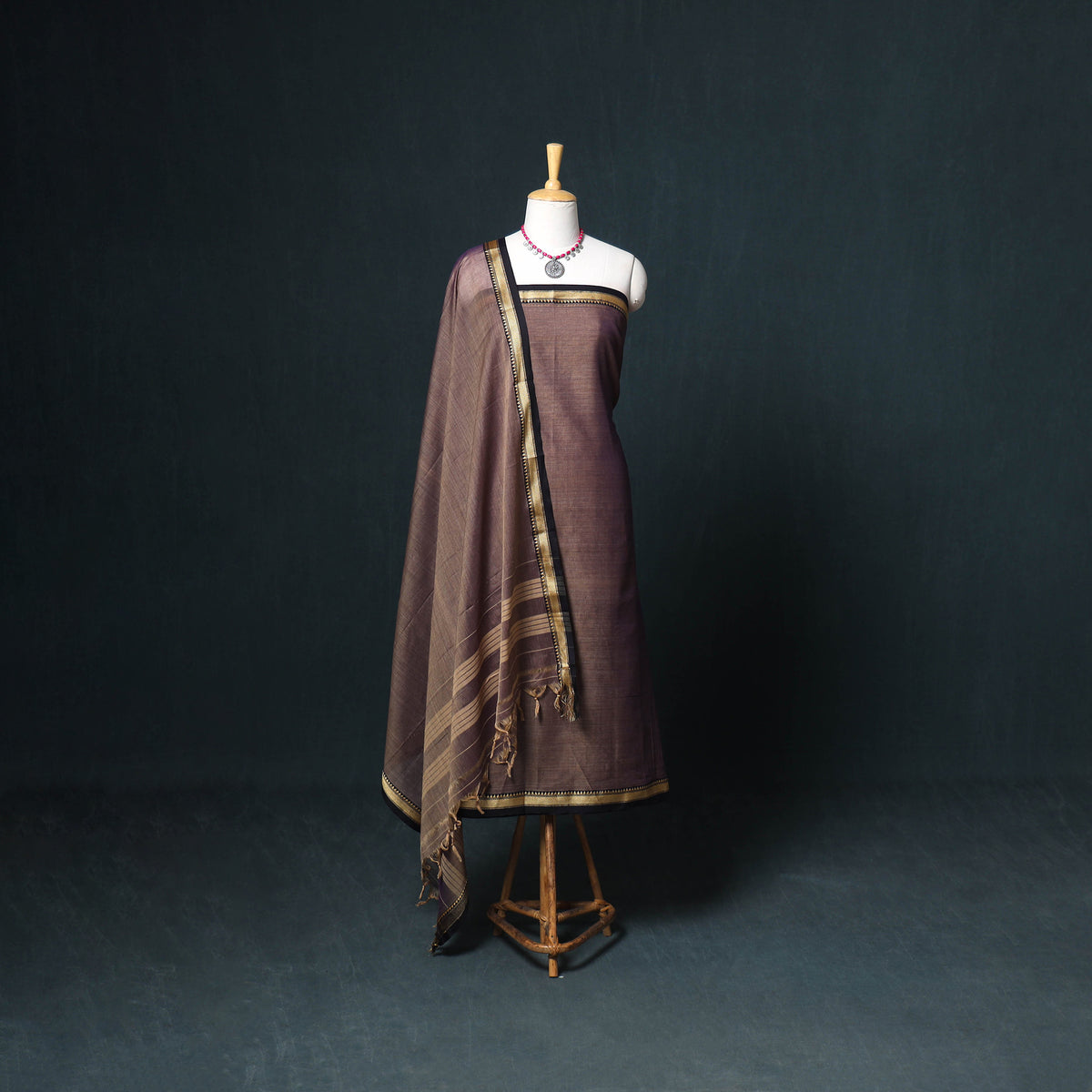 Dharwad Mercerised Cotton Plain Thread Border Unstitched Dress Material: Kurta, Bottom & Dupatta 06