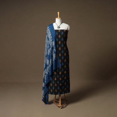Pochampally Ikat Cotton Unstitched Dress Material: Kurta & Dupatta with Jewellery 09