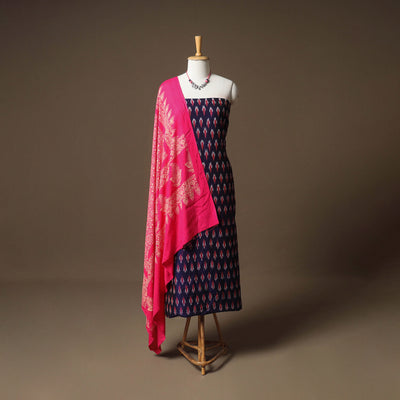 Pochampally Ikat Cotton Unstitched Dress Material: Kurta & Dupatta with Jewellery 10