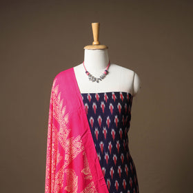 Pochampally Ikat Cotton Unstitched Dress Material: Kurta & Dupatta with Jewellery 10