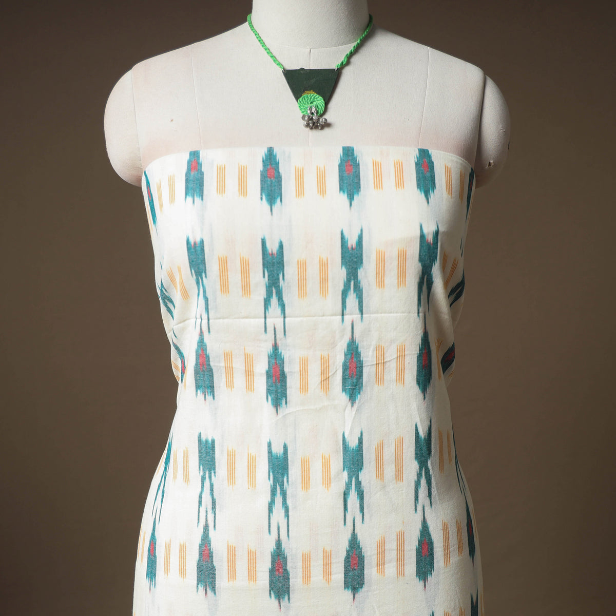 Pochampally Ikat Cotton Unstitched Dress Material: Kurta & Dupatta with Jewellery 11