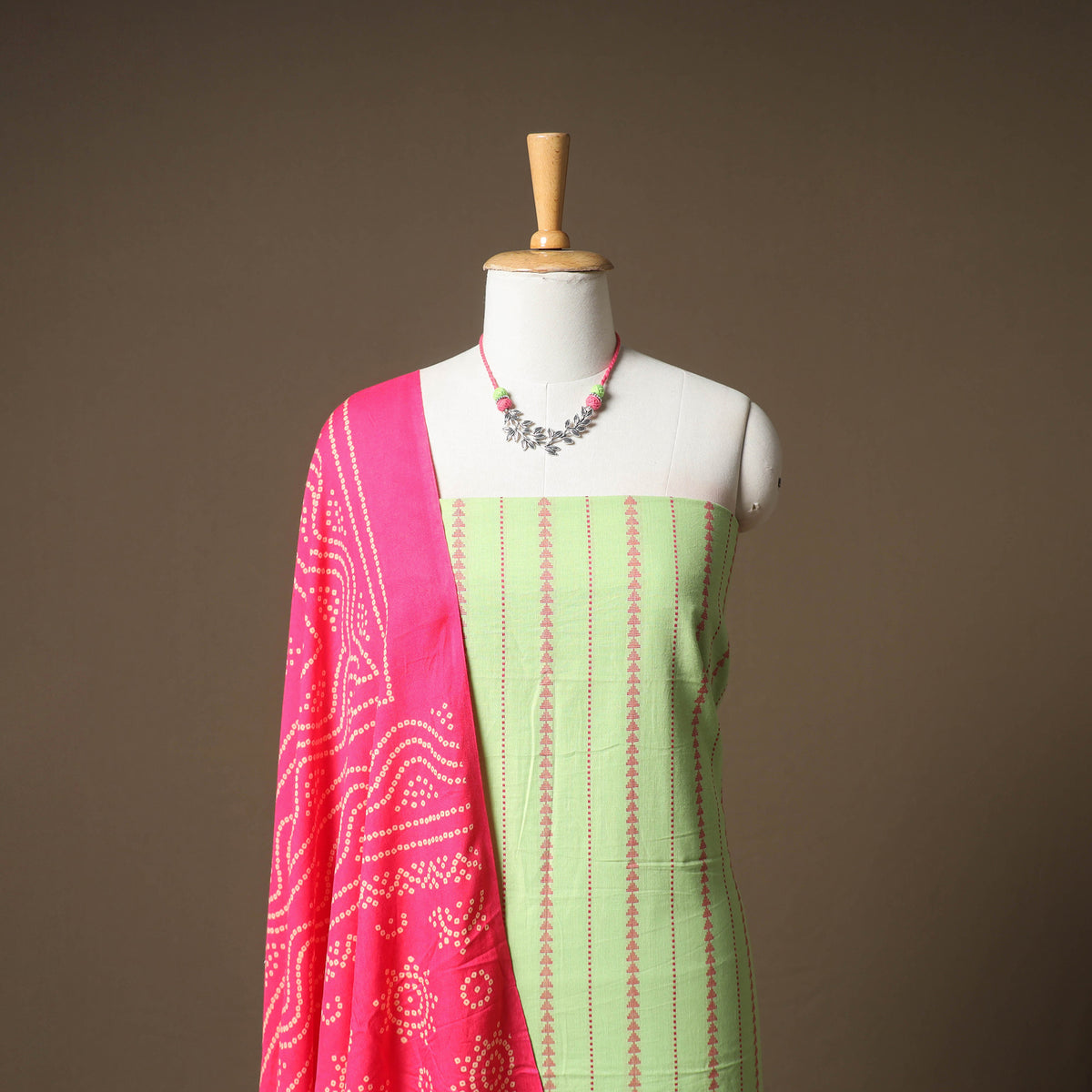 Jacquard Cotton Unstitched Dress Material: Kurta & Dupatta with Jewellery 19
