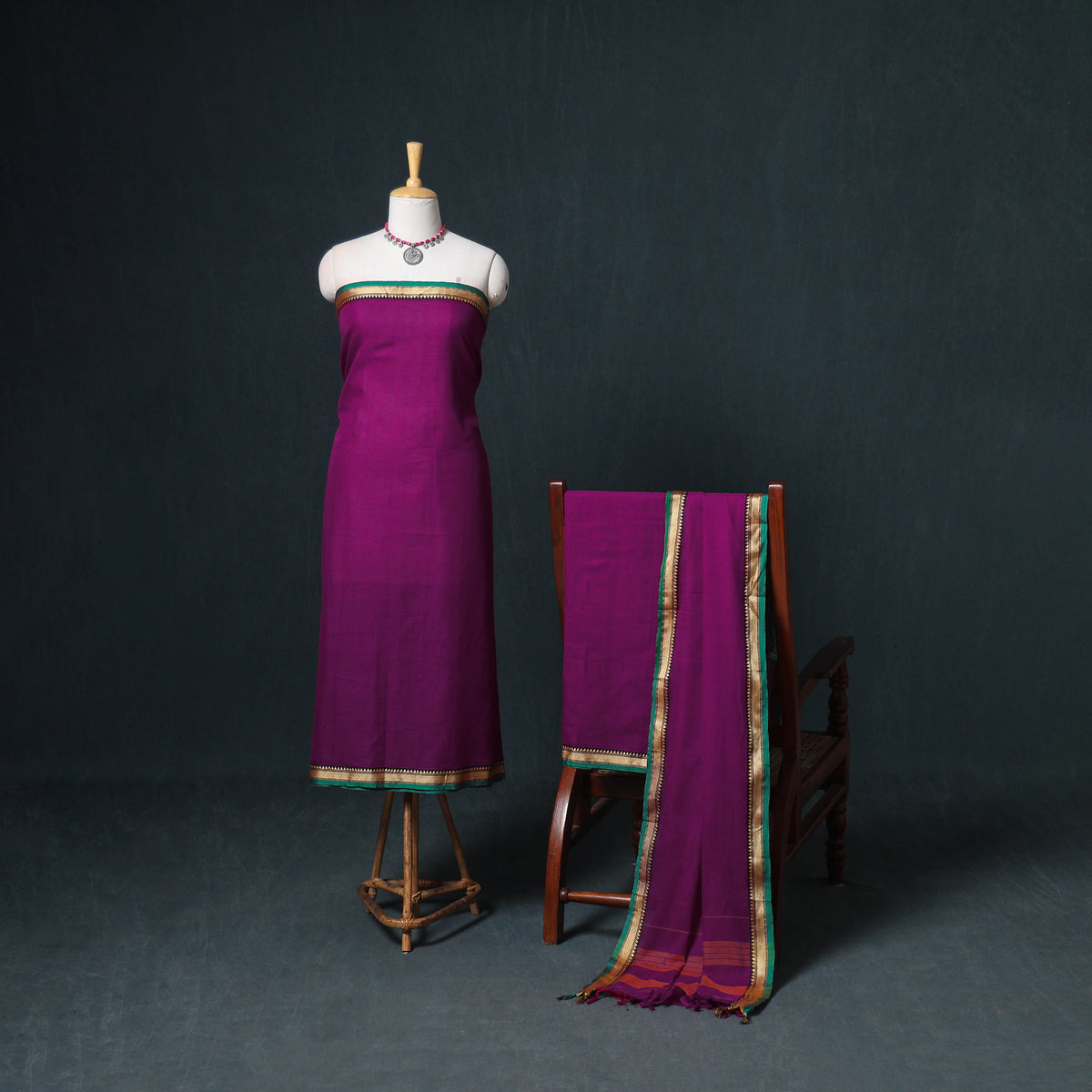 Dharwad Mercerised Cotton Plain Thread Border Unstitched Dress Material: Kurta, Bottom & Dupatta 15