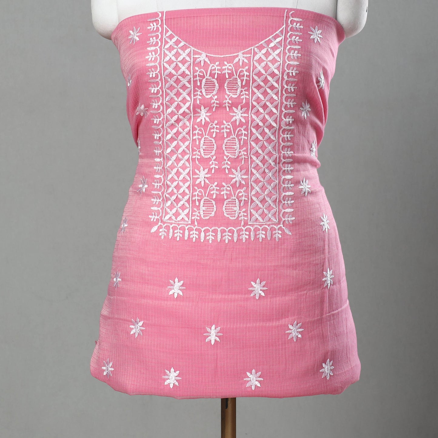 Pink - 3pc Cotton Embroidered Kota Doria Dress Material 12