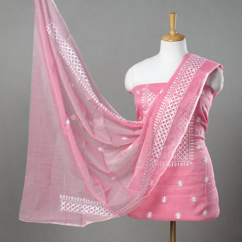 Pink - 3pc Cotton Embroidered Kota Doria Dress Material 12