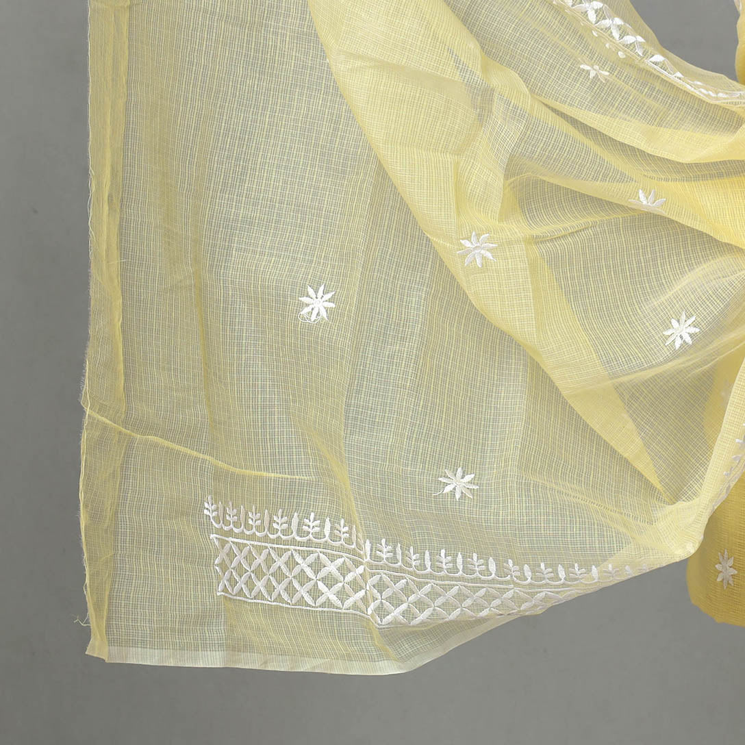 Yellow - 3pc Cotton Embroidered Kota Doria Dress Material 14