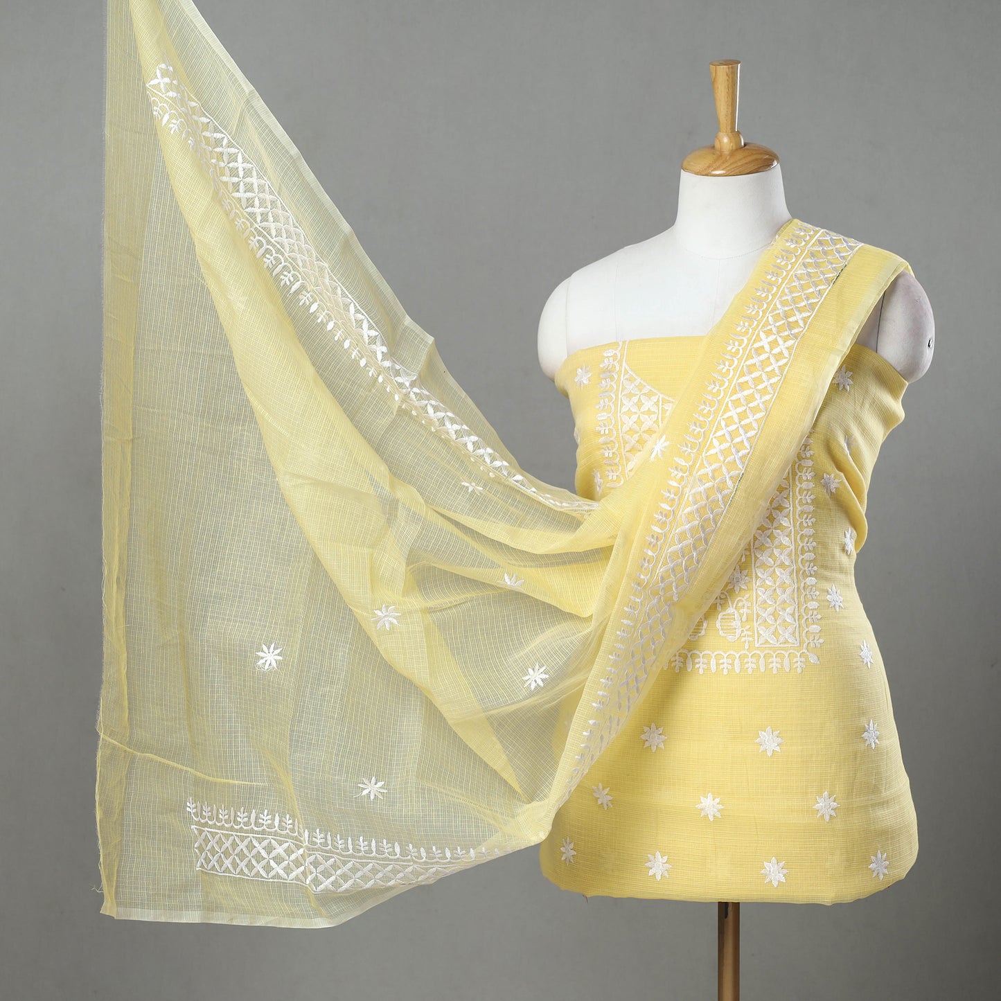 Yellow - 3pc Cotton Embroidered Kota Doria Dress Material 14