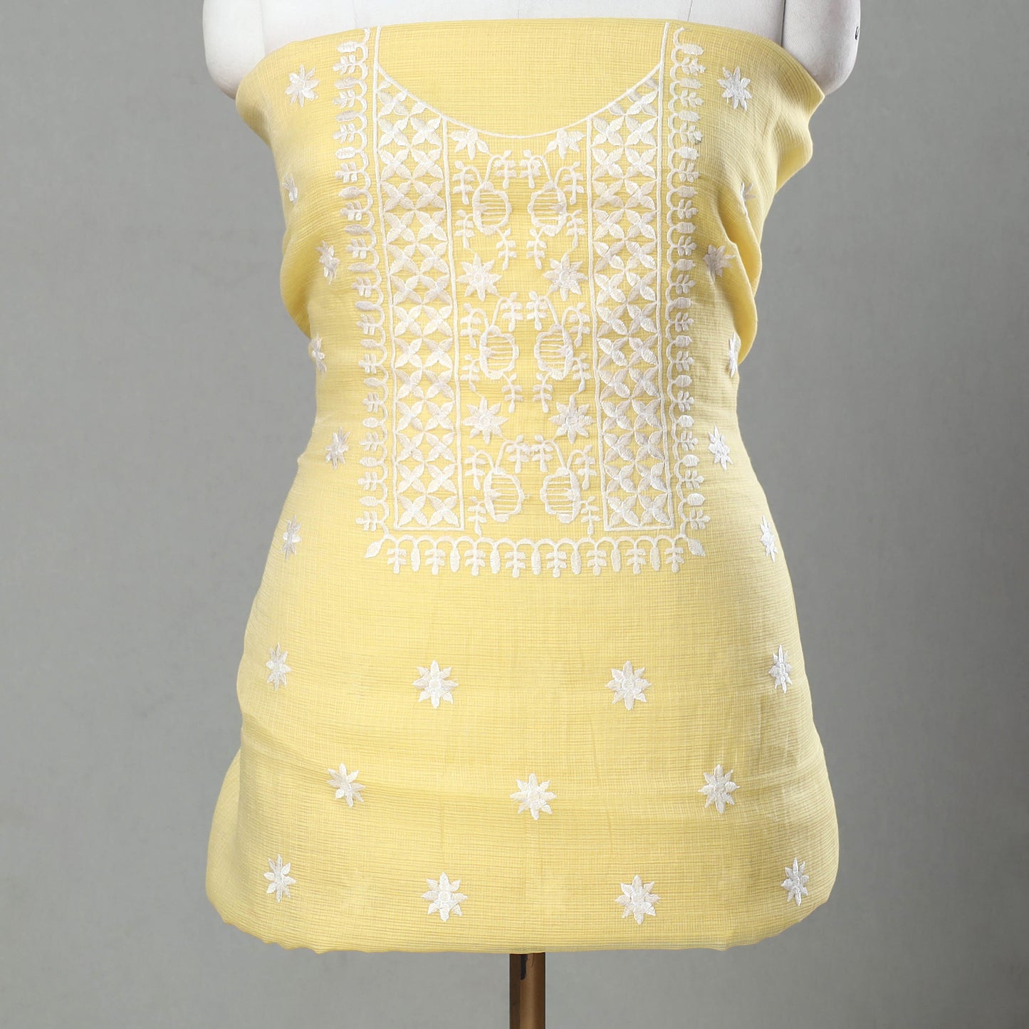 Yellow - 3pc Cotton Embroidered Kota Doria Dress Material 14