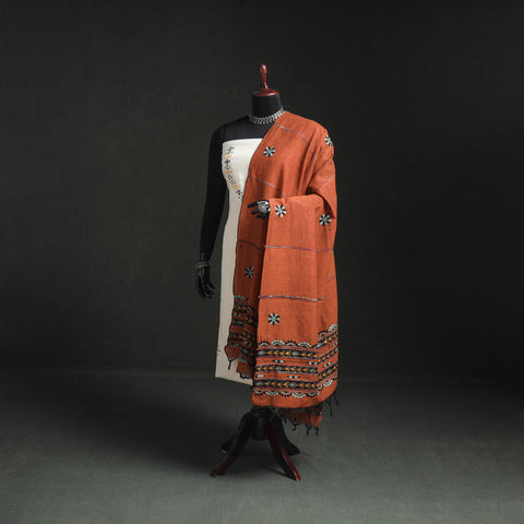 Orange - Kantha Hand Embroidered Khes Handwoven Cotton Dupatta 31