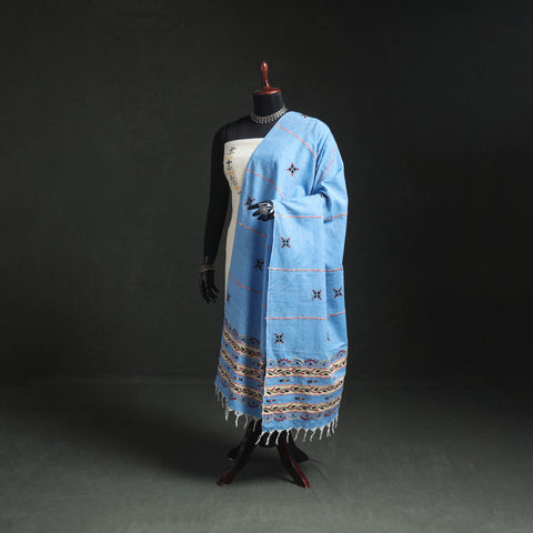 Blue - Kantha Hand Embroidered Khes Handwoven Cotton Dupatta 01