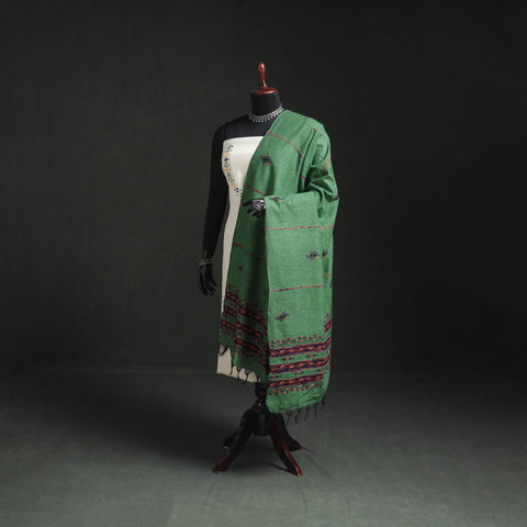 Green - Kantha Hand Embroidered Khes Handwoven Cotton Dupatta 03