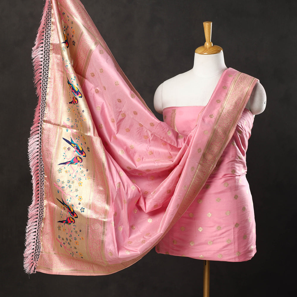 Pink - 3pc Weave Silk Paithani Dress Material 01