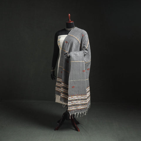 Grey - Kantha Hand Embroidered Khes Handwoven Cotton Dupatta 06