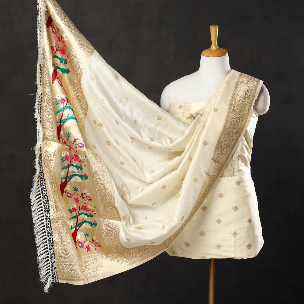 White - 3pc Weave Silk Paithani Dress Material 02