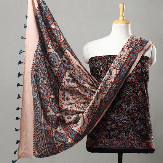 Multicolor - 3pc Ajrakh Block Printed Natural Dyed Cotton Suit Material Set 14