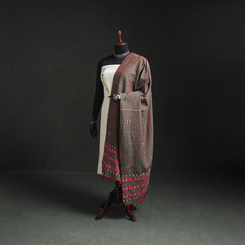Green - Kantha Hand Embroidered Khes Handwoven Cotton Dupatta 07