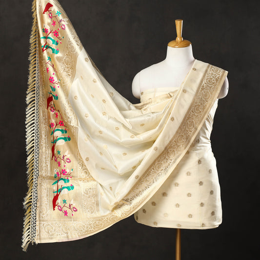 White - 3pc Weave Silk Paithani Dress Material 03