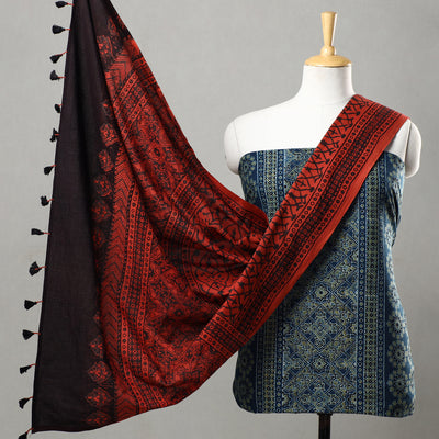 Blue - 3pc Ajrakh Block Printed Natural Dyed Cotton Suit Material Set 15