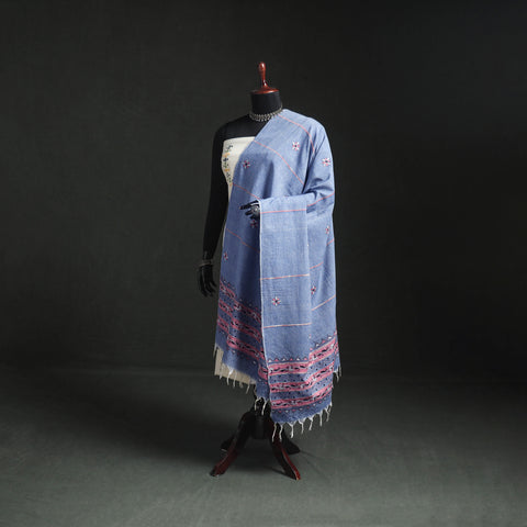 Blue - Kantha Hand Embroidered Khes Handwoven Cotton Dupatta 09