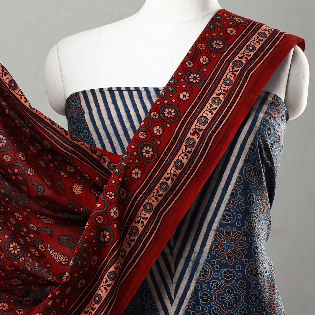 Blue - 3pc Ajrakh Block Printed Natural Dyed Cotton Suit Material Set 16