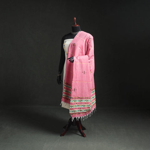 Pink - Kantha Hand Embroidered Khes Handwoven Cotton Dupatta 10