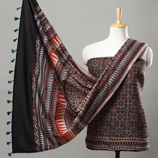 Black - 3pc Ajrakh Block Printed Natural Dyed Cotton Suit Material Set 17