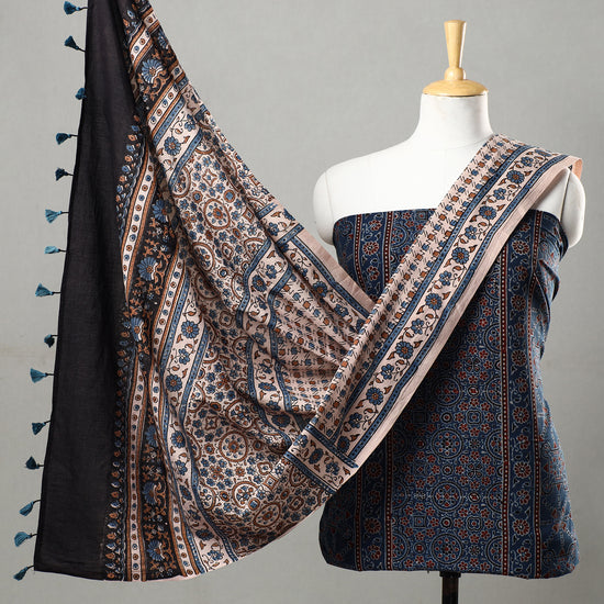 3pc Ajrakh Block Printed Natural Dyed Cotton Suit Material Set 18