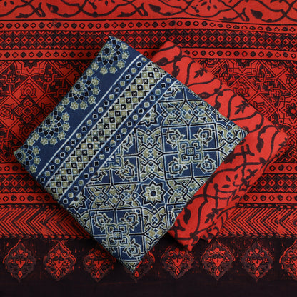 Blue - 3pc Ajrakh Block Printed Natural Dyed Cotton Suit Material Set 15