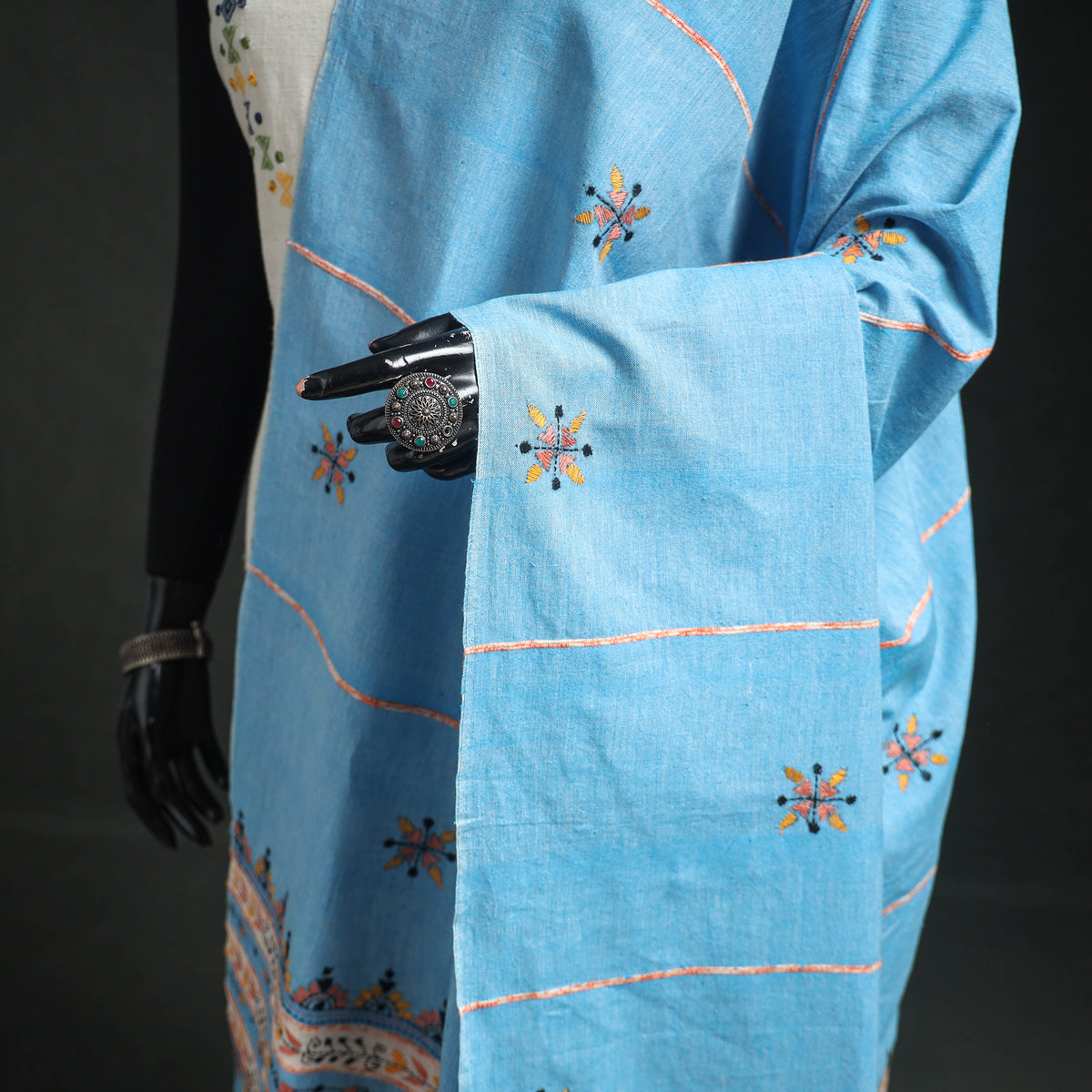 Kantha Hand Embroidered Khes Handwoven Cotton Dupatta 11