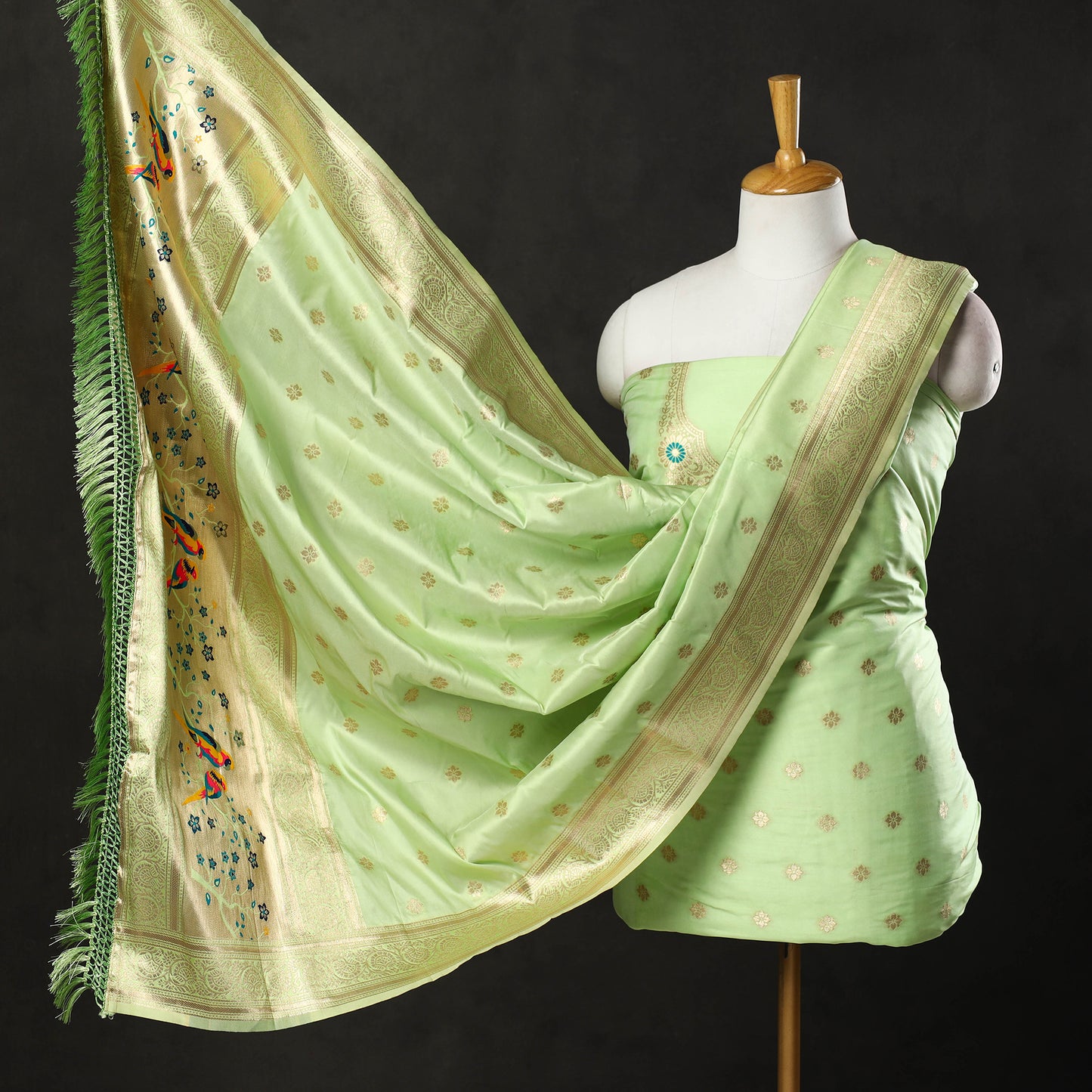 Green - 3pc Weave Silk Paithani Dress Material 06